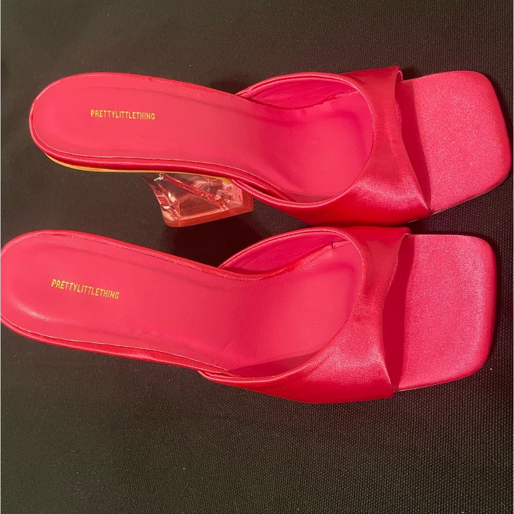 PRETTYLITTLETHING Pink Satin Square Toe Flare Heeled Mule - Picture 4 of 8